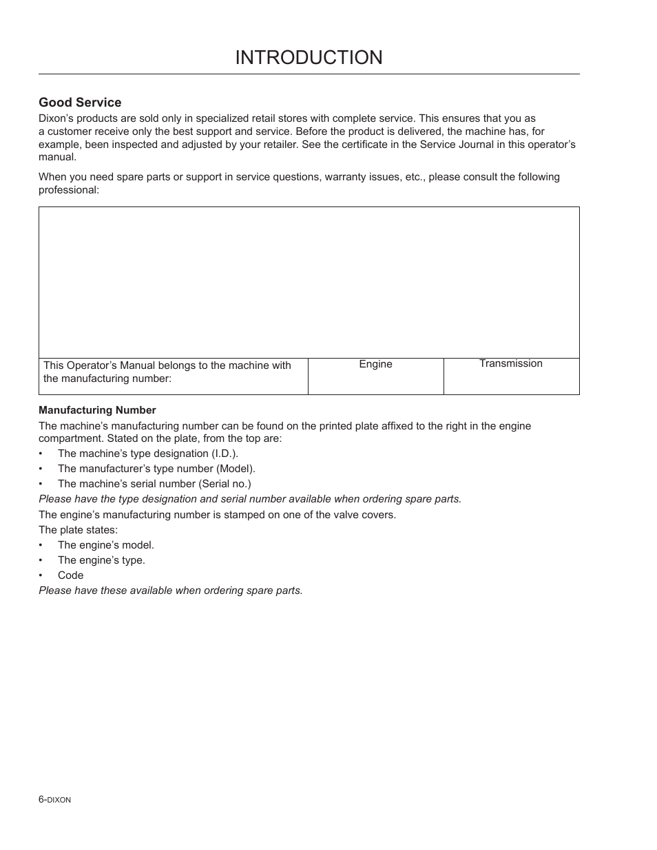 Good service, Introduction | Dixon SpeedZTR 965882301 User Manual | Page 6 / 75