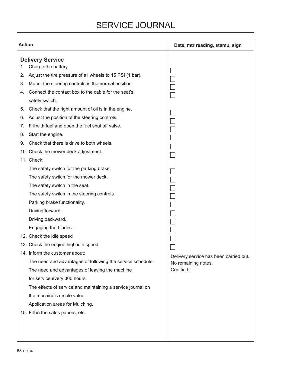 Service journal, Delivery service | Dixon SpeedZTR 965882301 User Manual | Page 68 / 75