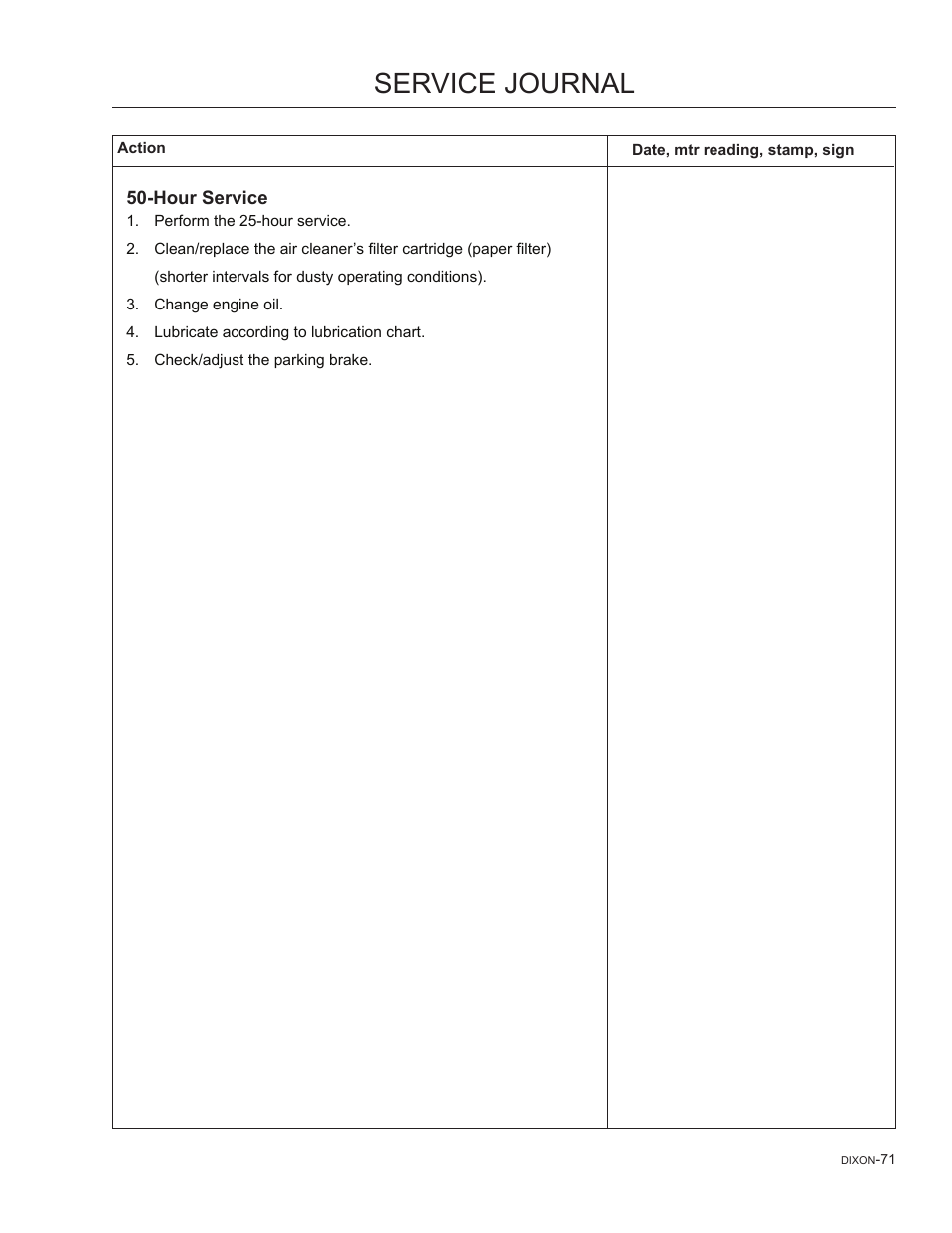 Hour service, Service journal | Dixon SpeedZTR 965882301 User Manual | Page 71 / 75
