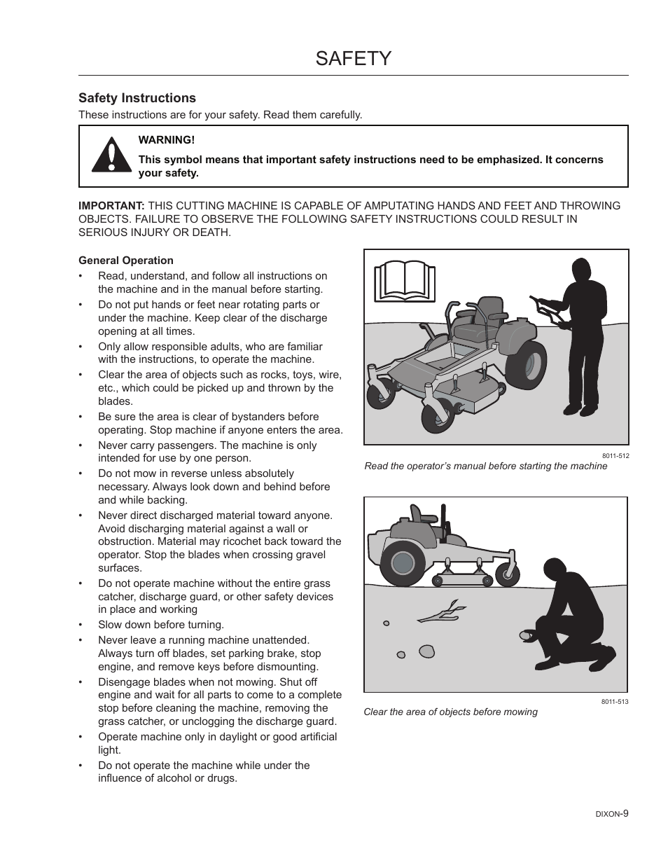Safety, Safety instructions | Dixon SpeedZTR 965882301 User Manual | Page 9 / 75
