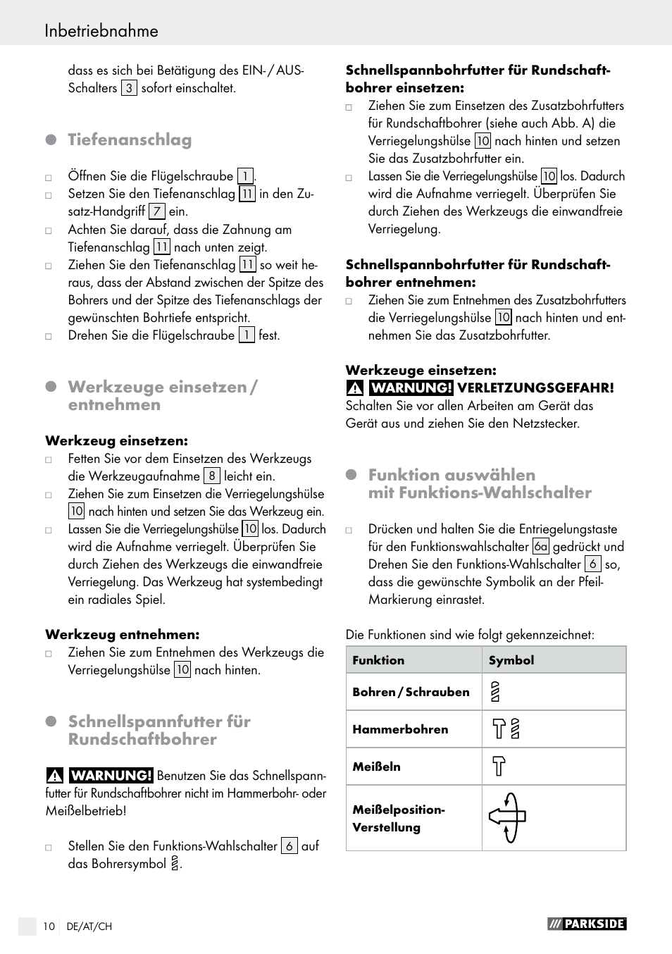 Inbetriebnahme, Tiefenanschlag, Werkzeuge einsetzen / entnehmen | Schnellspannfutter für rundschaftbohrer, Funktion auswählen mit funktions-wahlschalter | Parkside PBH 1050 A1 User Manual | Page 10 / 43