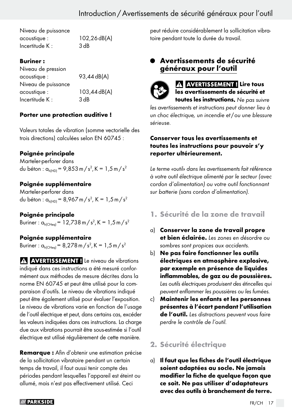 Avertissements de sécurité généraux pour l’outil, Sécurité de la zone de travail, Sécurité électrique | Parkside PBH 1050 A1 User Manual | Page 17 / 43