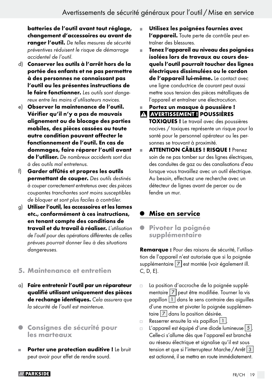 Maintenance et entretien, Consignes de sécurité pour les marteaux, Mise en service | Pivoter la poignée supplémentaire | Parkside PBH 1050 A1 User Manual | Page 19 / 43