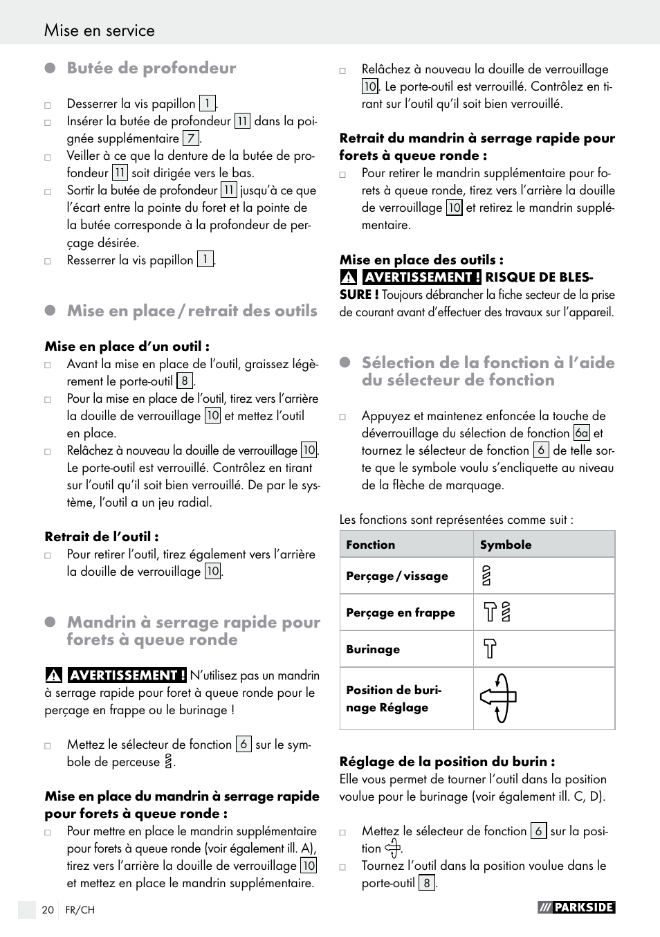 Mise en service, Butée de profondeur, Mise en place / retrait des outils | Mandrin à serrage rapide pour forets à queue ronde | Parkside PBH 1050 A1 User Manual | Page 20 / 43