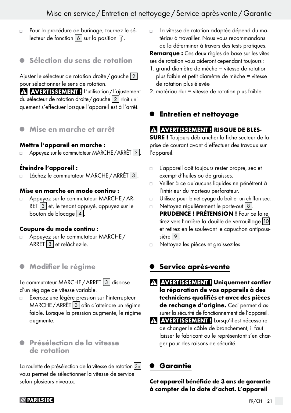 Sélection du sens de rotation, Mise en marche et arrêt, Modifier le régime | Présélection de la vitesse de rotation, Entretien et nettoyage, Service après-vente, Garantie | Parkside PBH 1050 A1 User Manual | Page 21 / 43