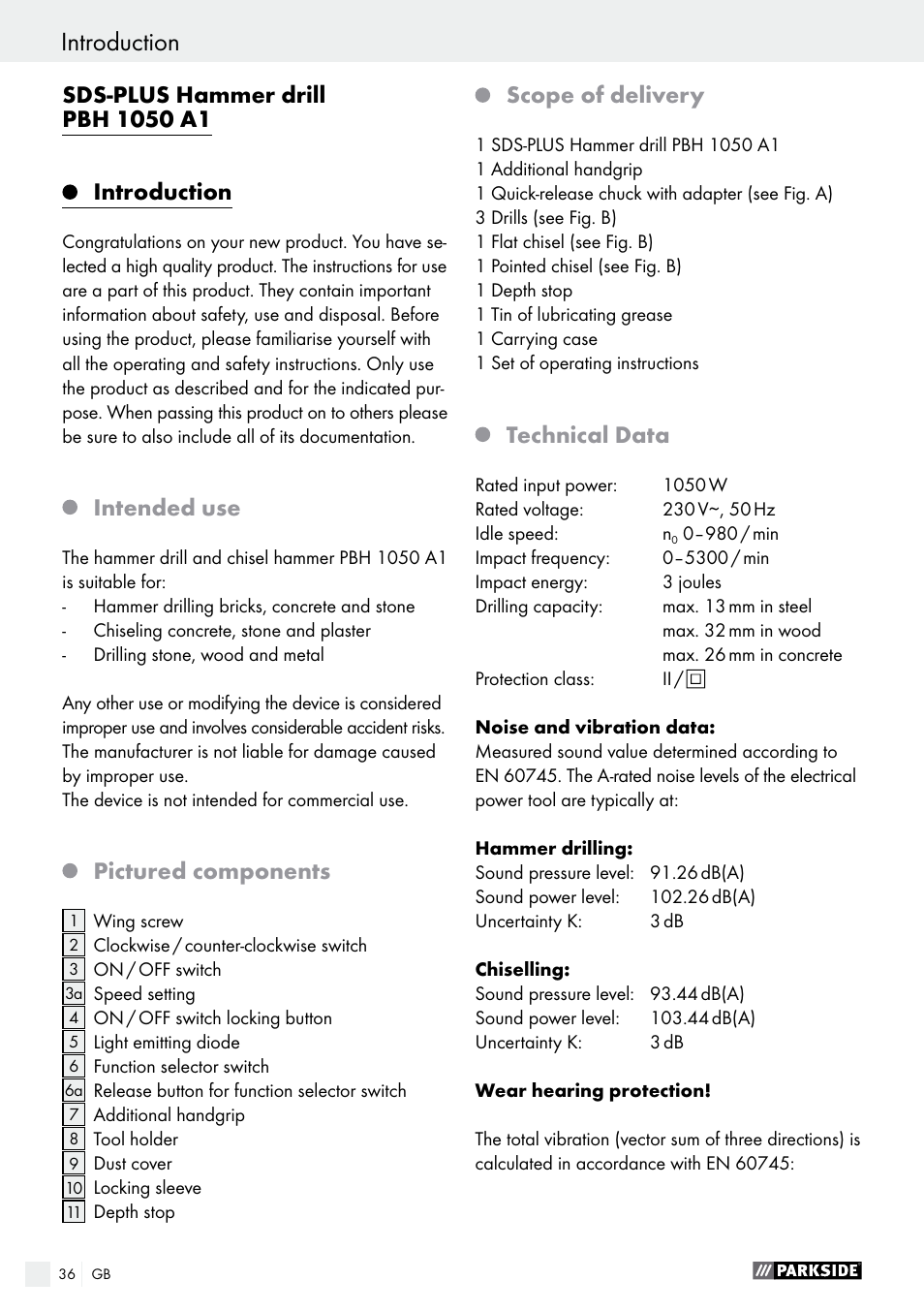 Introduction, Intended use, Pictured components | Scope of delivery, Technical data | Parkside PBH 1050 A1 User Manual | Page 36 / 43