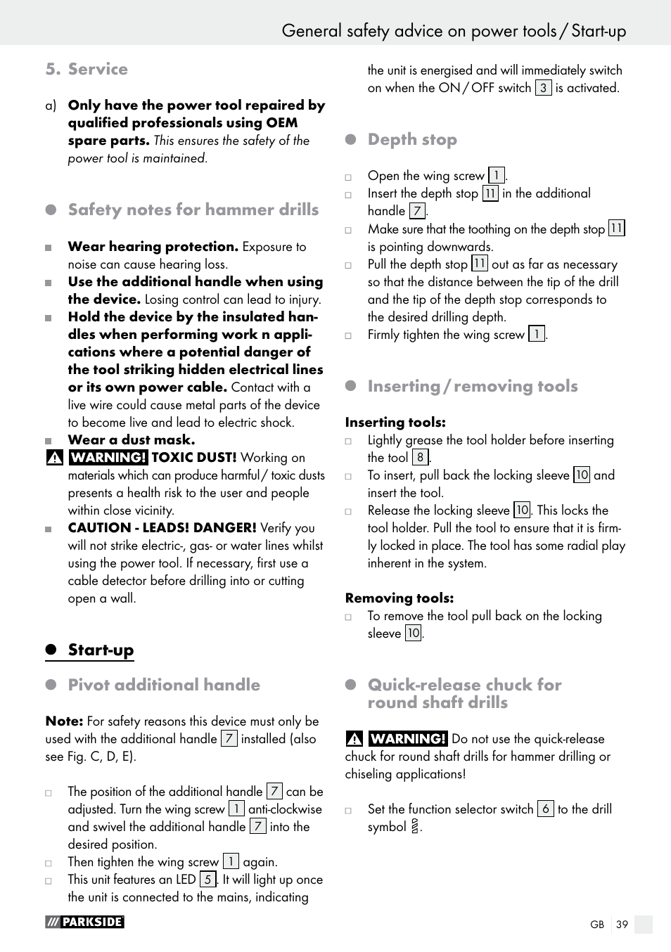 General safety advice on power tools, General safety advice on power tools / start-up, Service | Start-up, Pivot additional handle, Depth stop, Inserting / removing tools, Quick-release chuck for round shaft drills | Parkside PBH 1050 A1 User Manual | Page 39 / 43