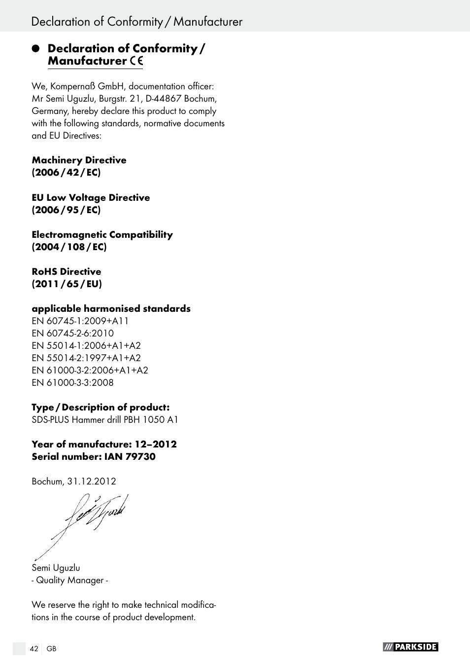 Declaration of conformity / manufacturer | Parkside PBH 1050 A1 User Manual | Page 42 / 43