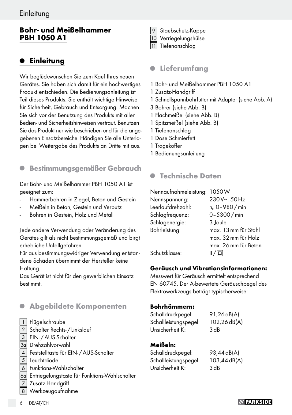 Einleitung, Bestimmungsgemäßer gebrauch, Abgebildete komponenten | Lieferumfang, Technische daten | Parkside PBH 1050 A1 User Manual | Page 6 / 43