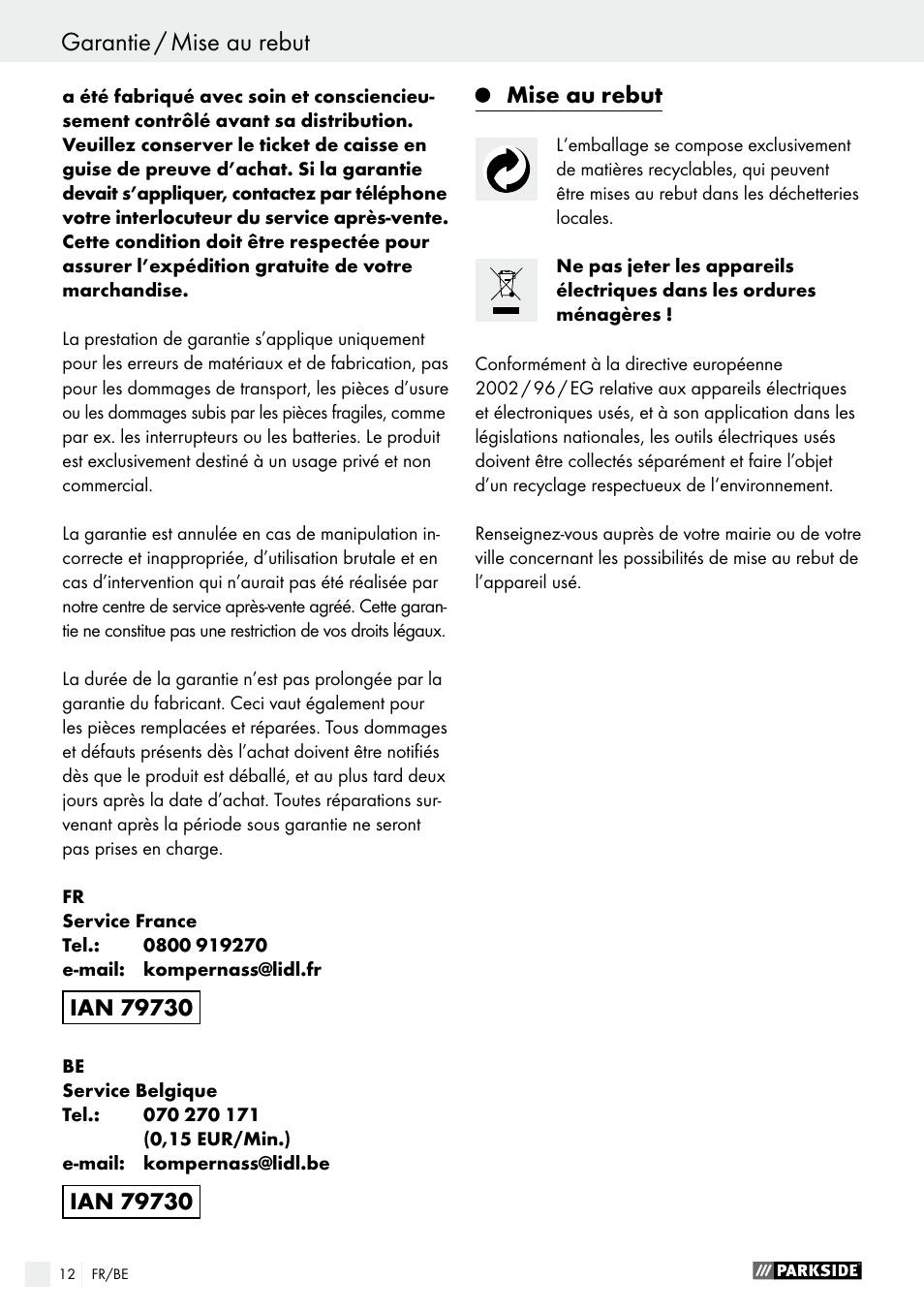 Déclaration de conformité / fabricant, Garantie / mise au rebut | Parkside PBH 1050 A1 User Manual | Page 12 / 43
