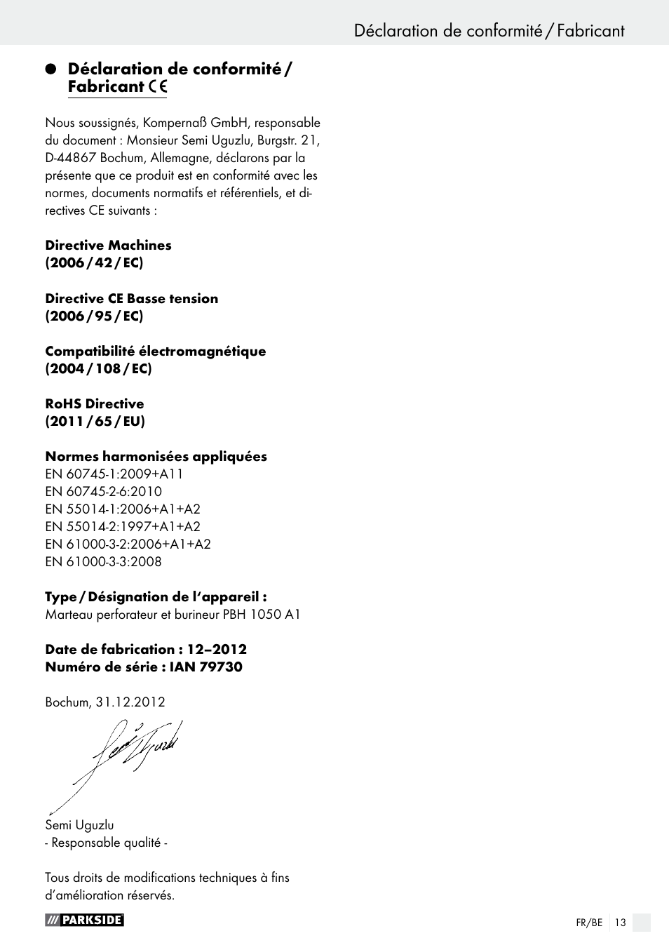 Déclaration de conformité / fabricant, Garantie / mise au rebut | Parkside PBH 1050 A1 User Manual | Page 13 / 43