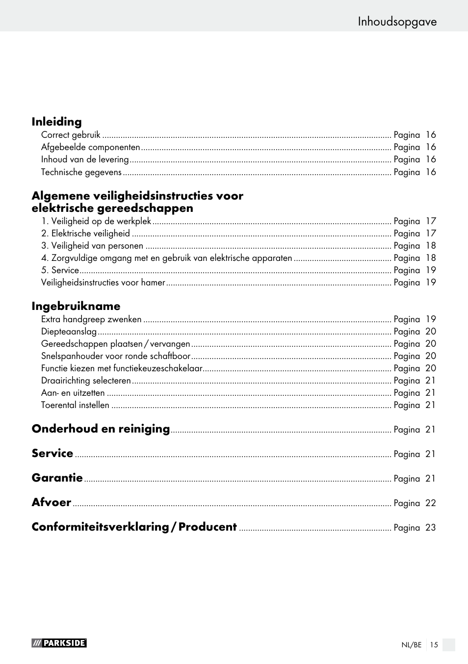 Inhoudsopgave | Parkside PBH 1050 A1 User Manual | Page 15 / 43