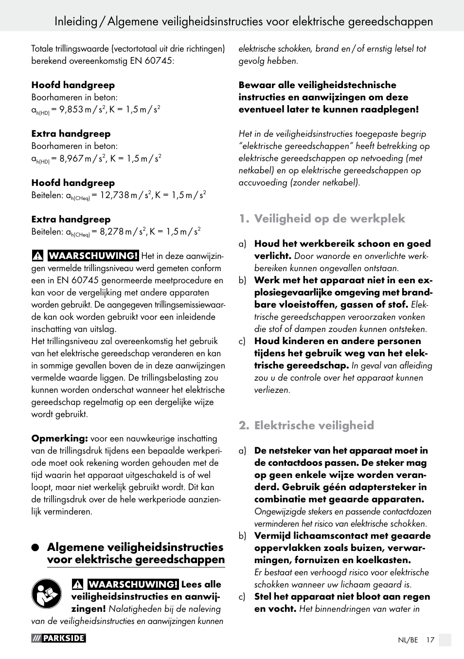 Inleiding, Veiligheid op de werkplek, Elektrische veiligheid | Parkside PBH 1050 A1 User Manual | Page 17 / 43