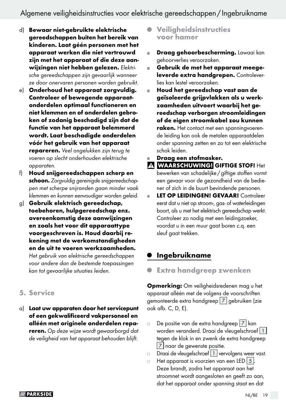 Service, Veiligheidsinstructies voor hamer, Ingebruikname | Extra handgreep zwenken | Parkside PBH 1050 A1 User Manual | Page 19 / 43