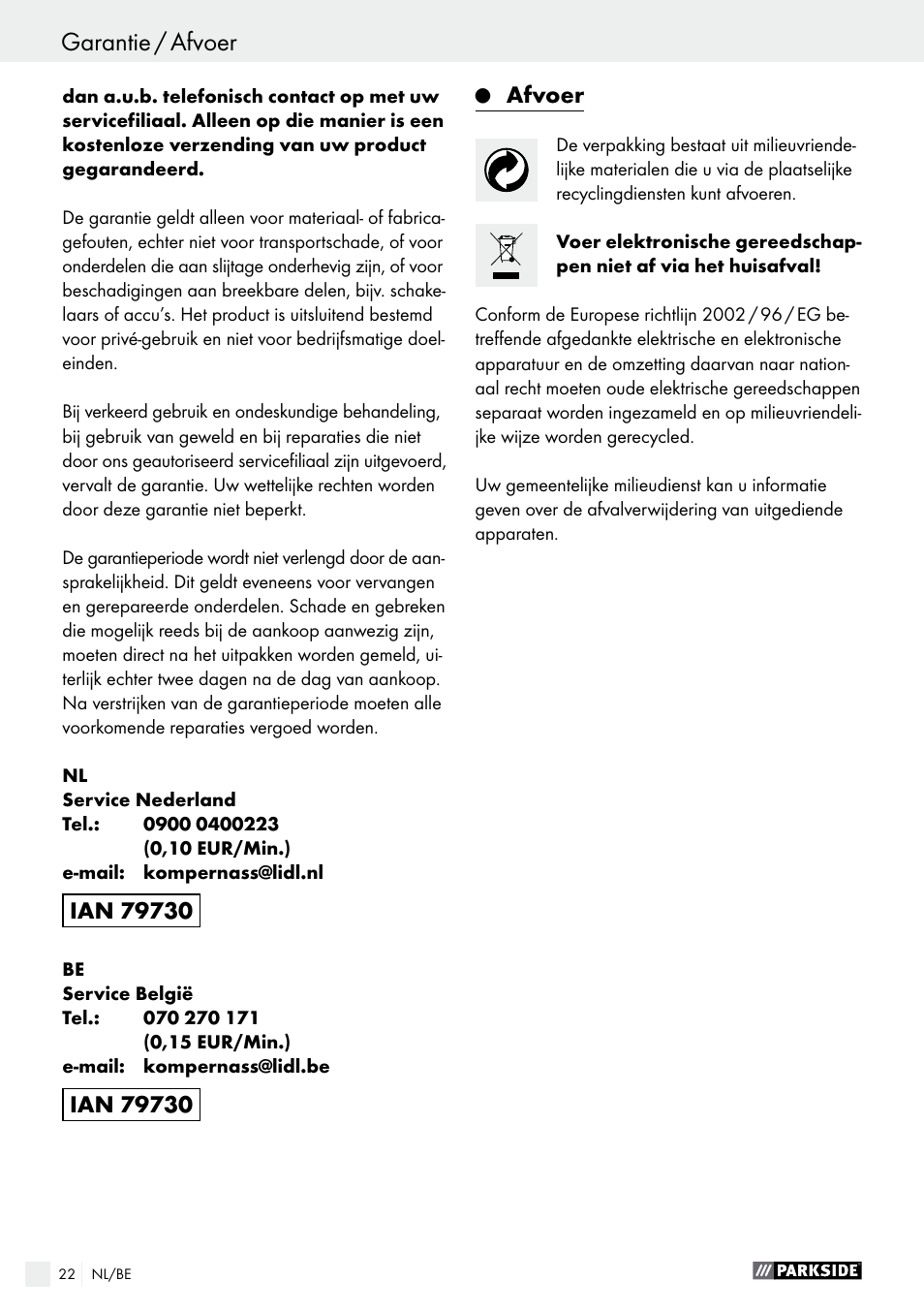Conformiteitsverklaring / producent, Garantie / afvoer | Parkside PBH 1050 A1 User Manual | Page 22 / 43