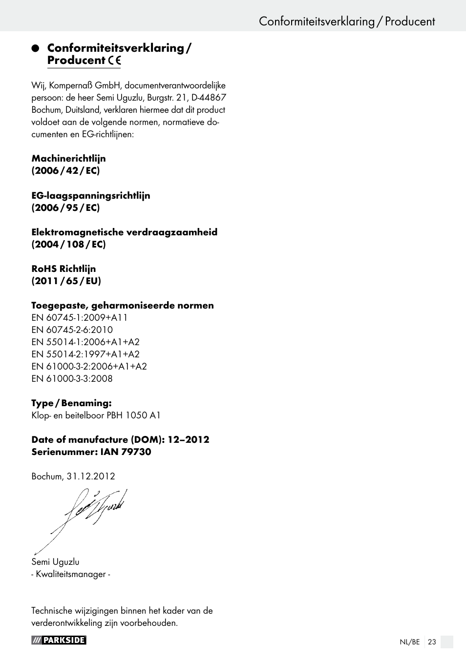 Conformiteitsverklaring / producent, Garantie / afvoer | Parkside PBH 1050 A1 User Manual | Page 23 / 43