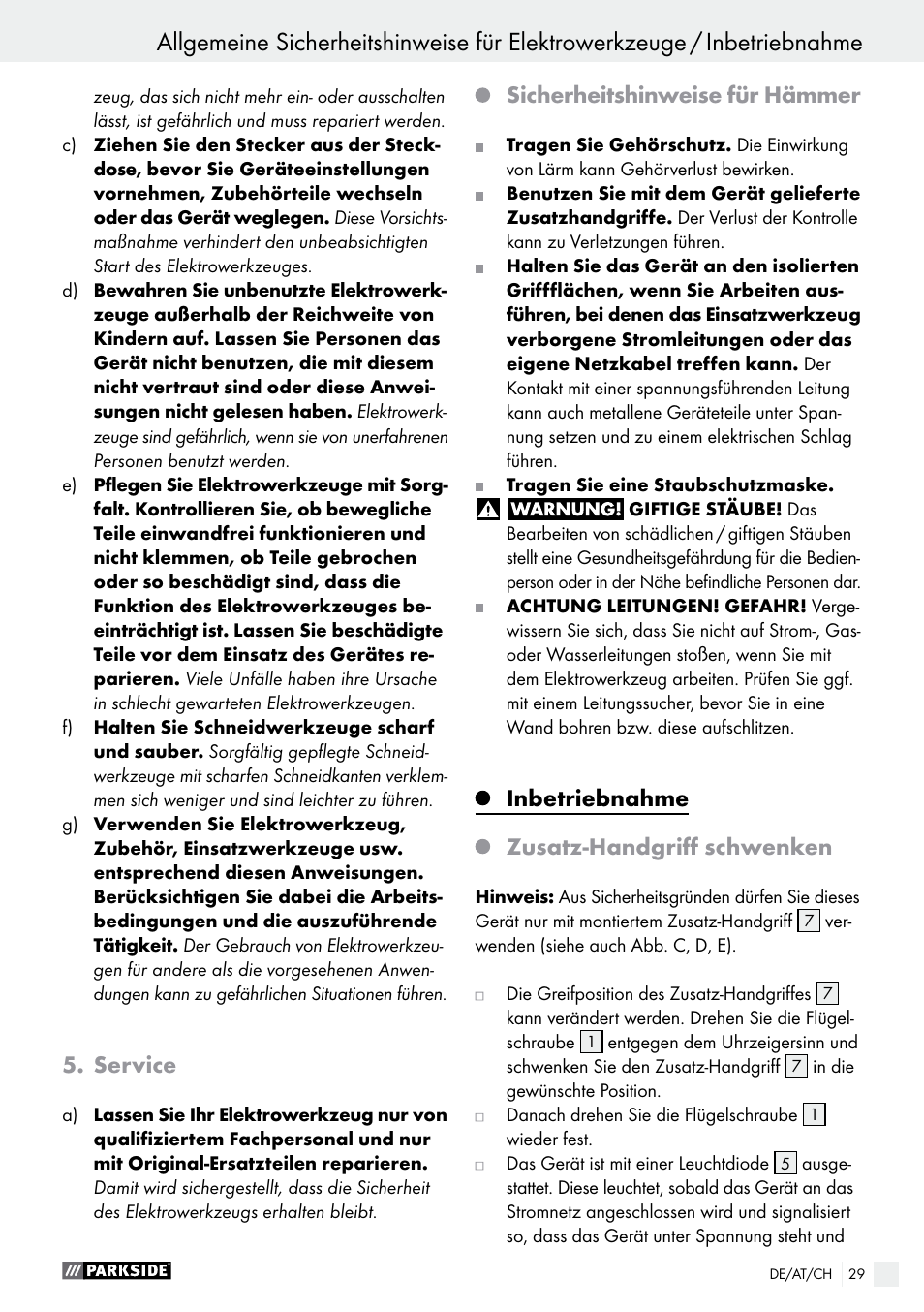 Service, Sicherheitshinweise für hämmer, Inbetriebnahme | Zusatz-handgriff schwenken | Parkside PBH 1050 A1 User Manual | Page 29 / 43