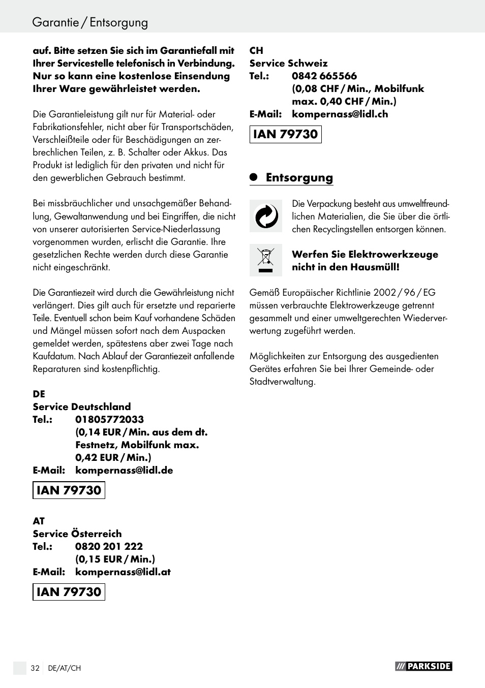 Garantie / entsorgung, Konformitätserklärung / hersteller | Parkside PBH 1050 A1 User Manual | Page 32 / 43