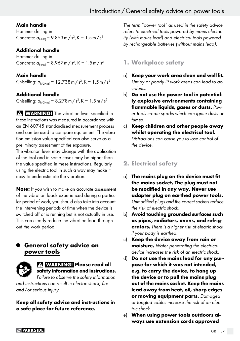 General safety advice on power tools, Workplace safety, Electrical safety | Parkside PBH 1050 A1 User Manual | Page 37 / 43