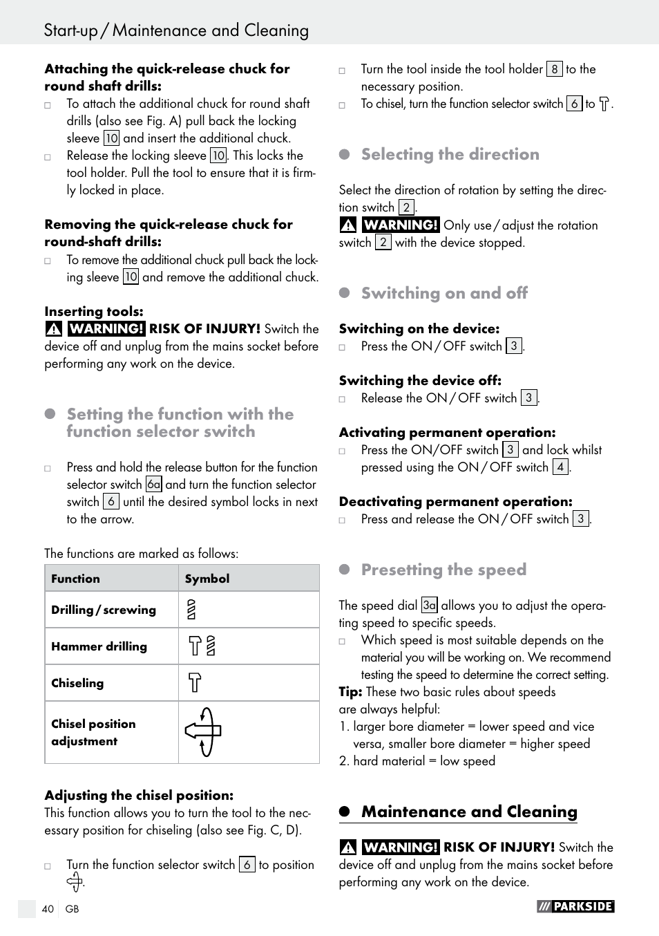 Start-up / maintenance and cleaning, Selecting the direction, Switching on and off | Presetting the speed, Maintenance and cleaning | Parkside PBH 1050 A1 User Manual | Page 40 / 43