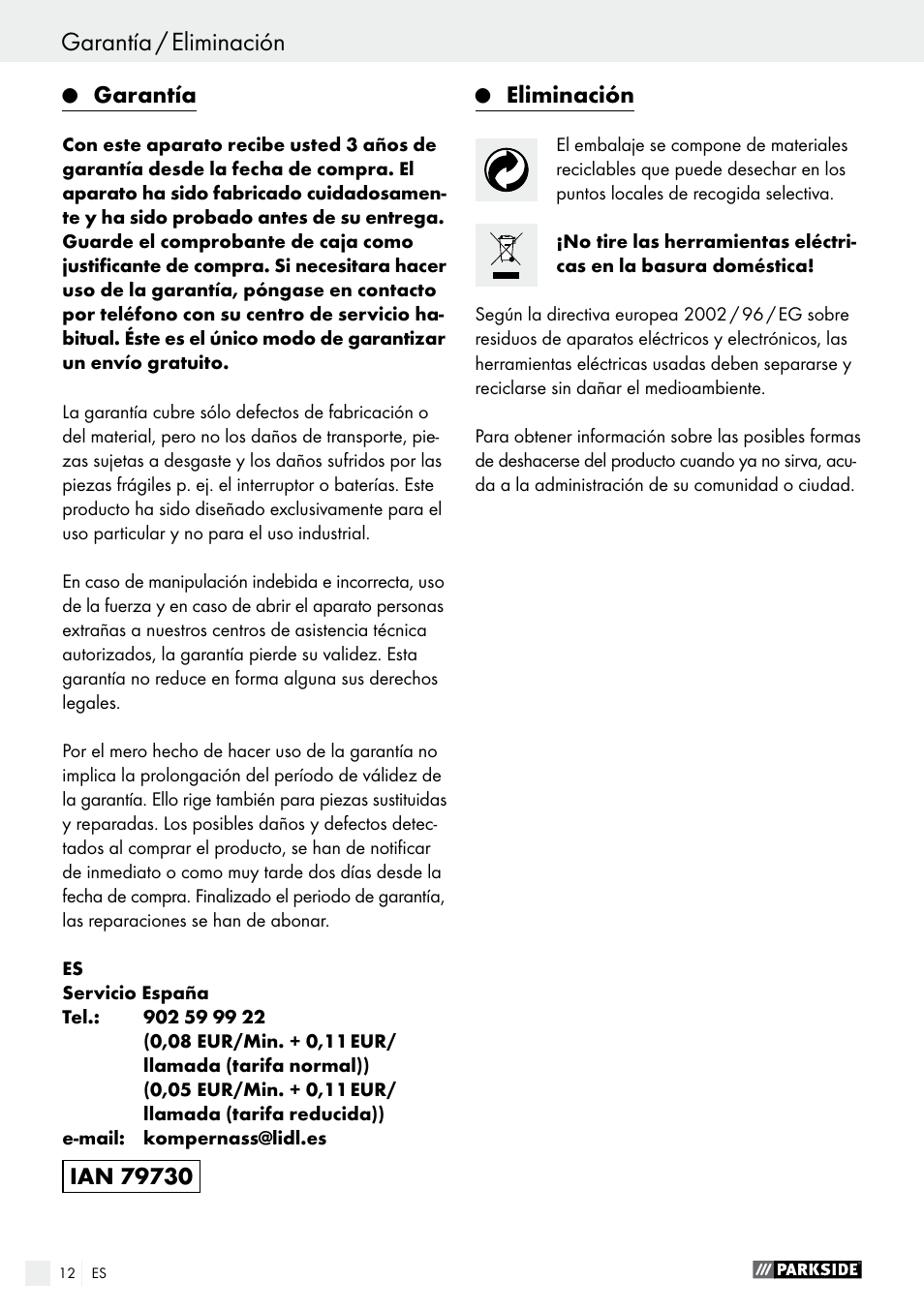 Garantía, Eliminación | Parkside PBH 1050 A1 User Manual | Page 12 / 50