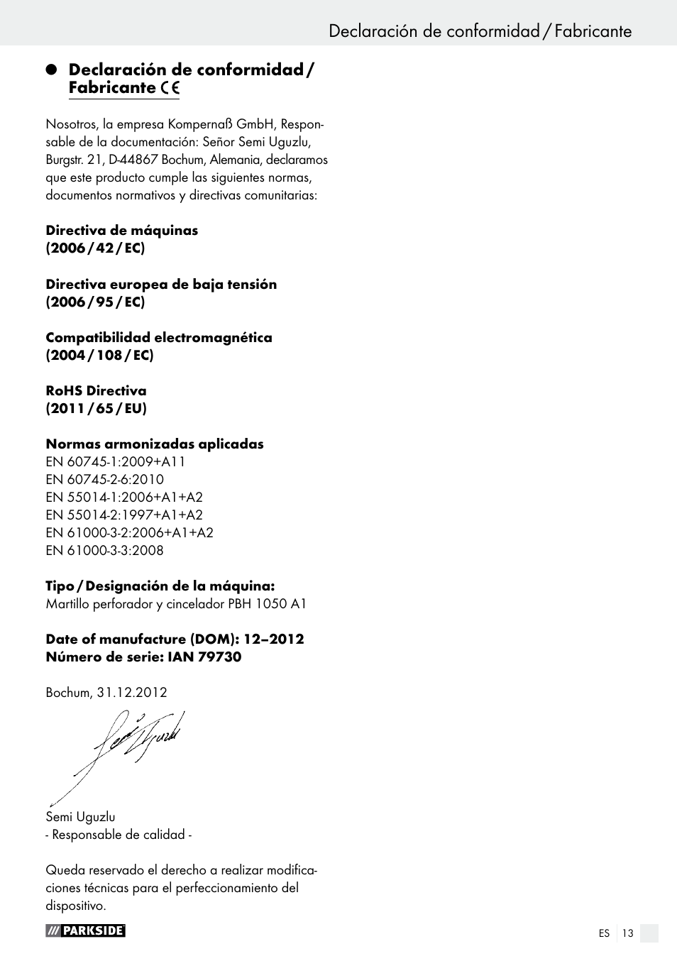 Declaración de conformidad / fabricante, Garantía / eliminación | Parkside PBH 1050 A1 User Manual | Page 13 / 50