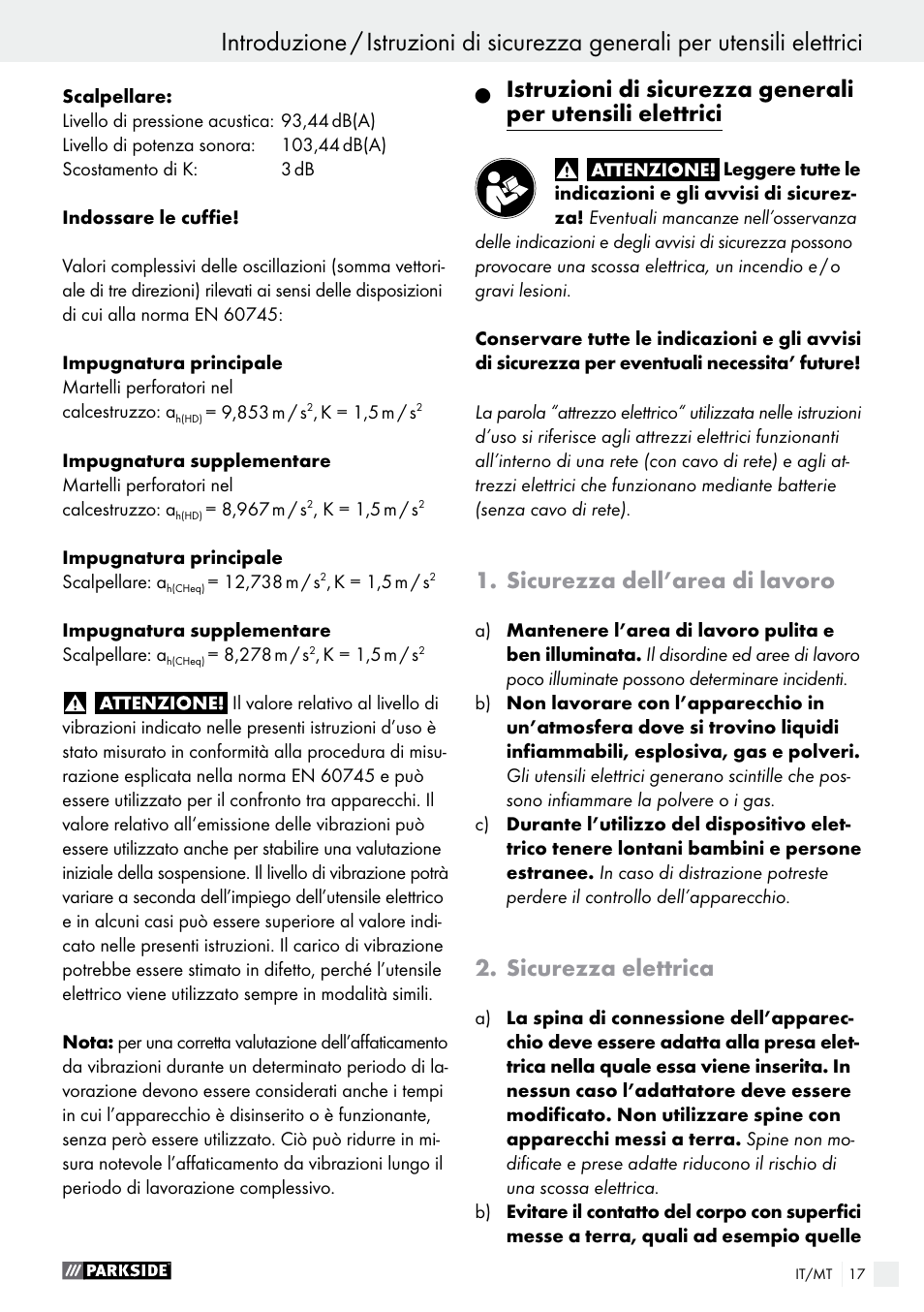 Sicurezza dell’area di lavoro, Sicurezza elettrica | Parkside PBH 1050 A1 User Manual | Page 17 / 50