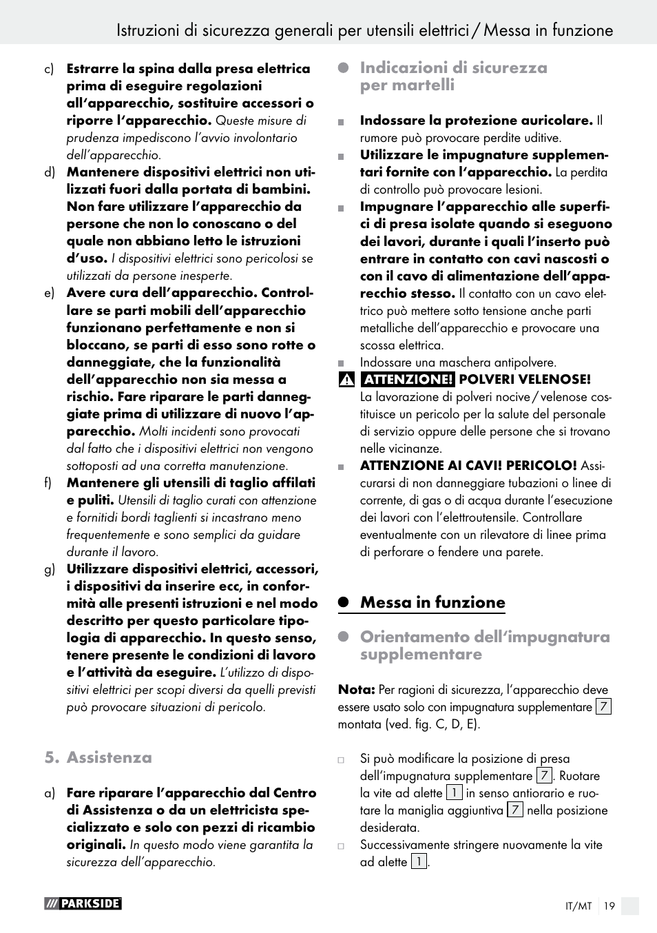 Assistenza, Indicazioni di sicurezza per martelli, Messa in funzione | Orientamento dell‘impugnatura supplementare | Parkside PBH 1050 A1 User Manual | Page 19 / 50