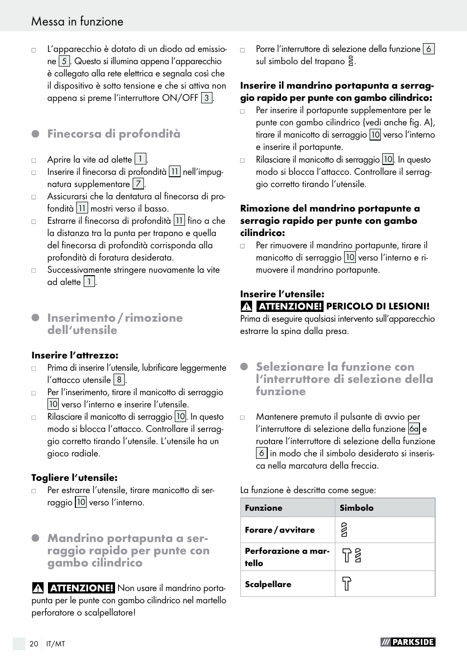 Finecorsa di profondità, Inserimento / rimozione dell‘utensile | Parkside PBH 1050 A1 User Manual | Page 20 / 50