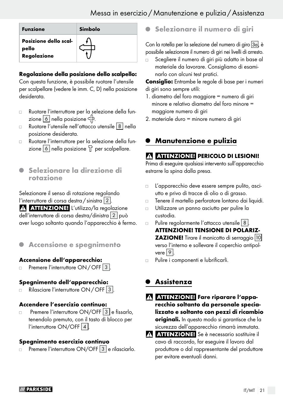 Messa in funzione, Selezionare la direzione di rotazione, Accensione e spegnimento | Selezionare il numero di giri, Manutenzione e pulizia, Assistenza | Parkside PBH 1050 A1 User Manual | Page 21 / 50