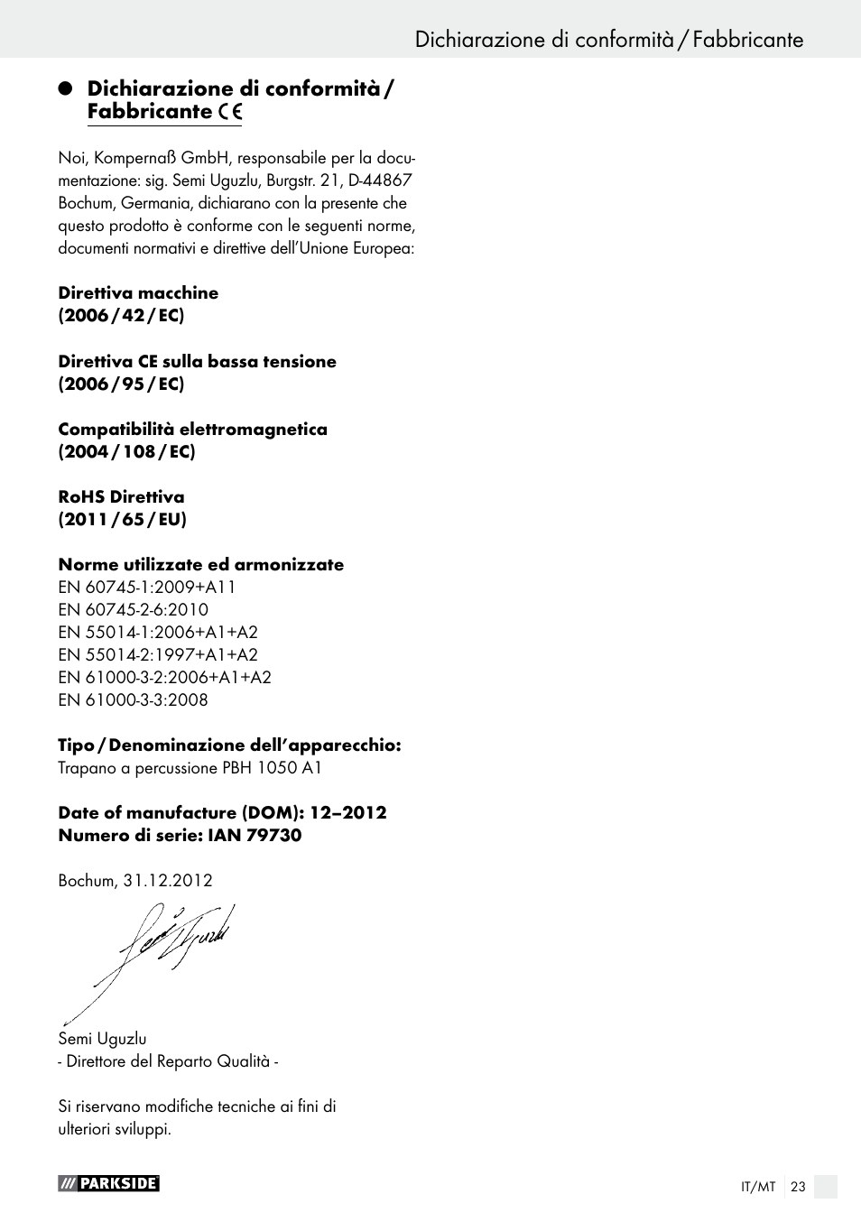 Dichiarazione di conformità / fabbricante, Garanzia / smaltimento | Parkside PBH 1050 A1 User Manual | Page 23 / 50