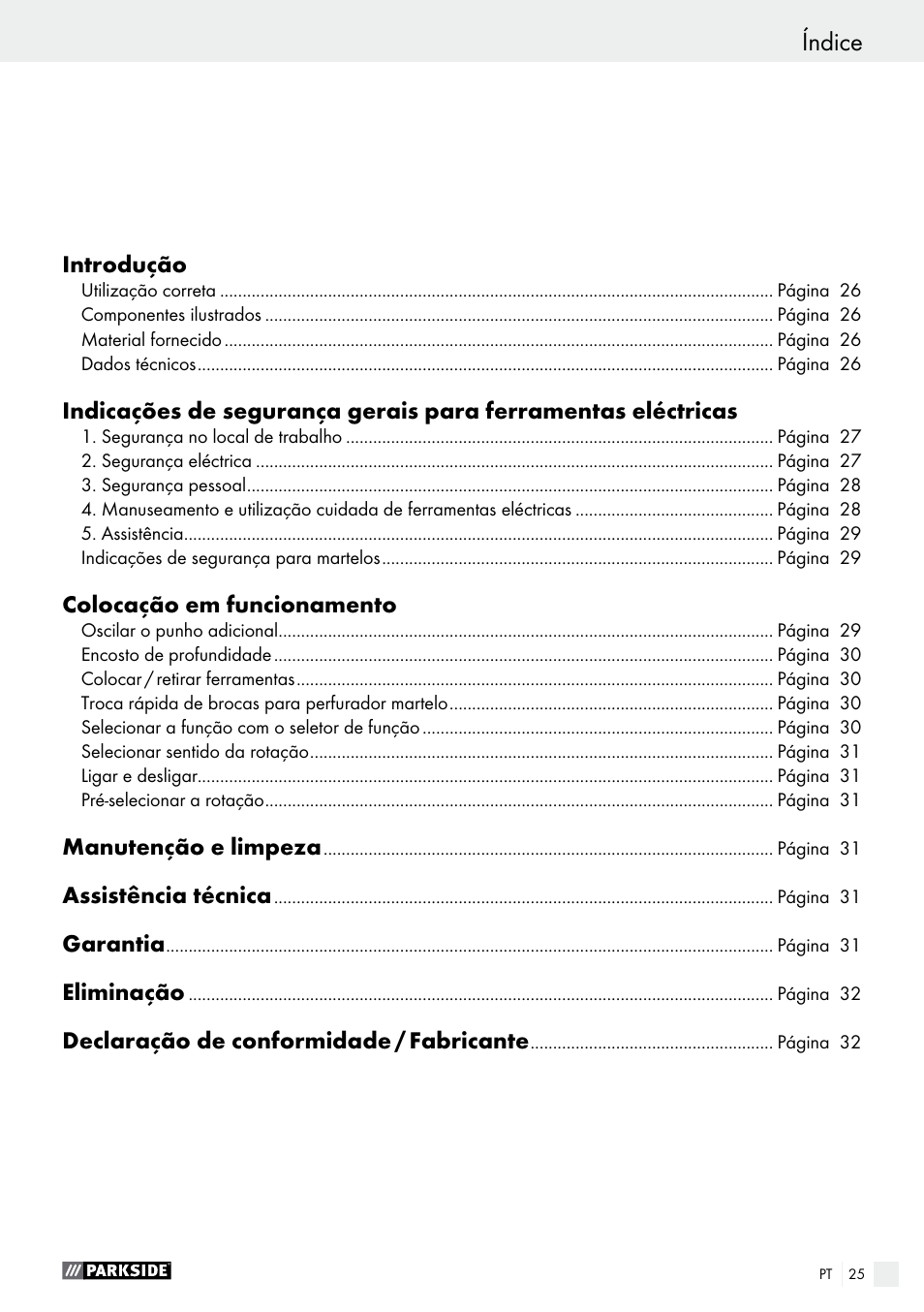Índice | Parkside PBH 1050 A1 User Manual | Page 25 / 50