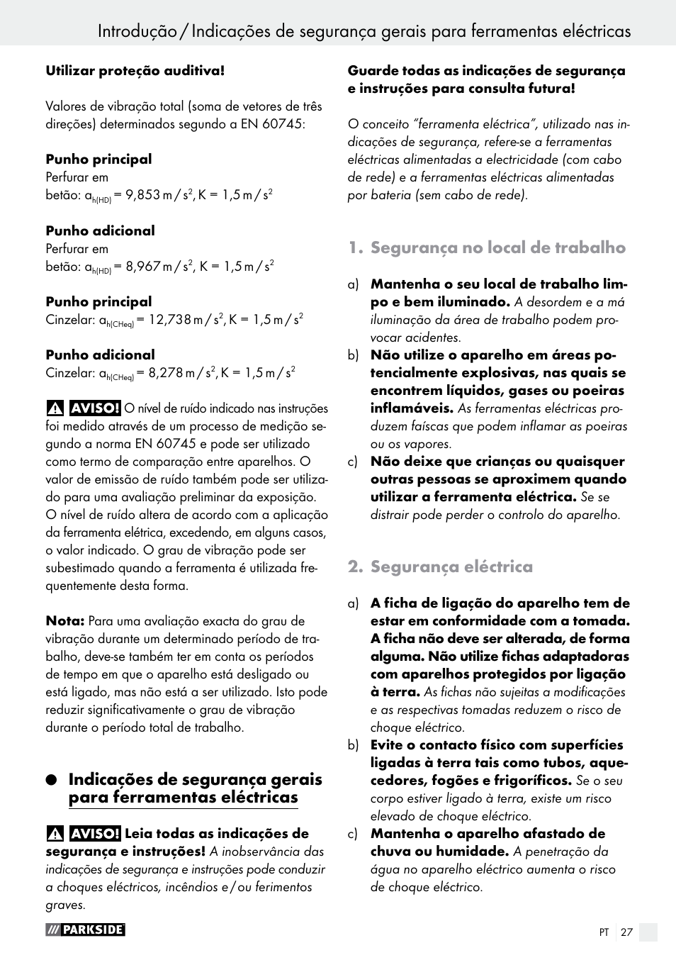 Segurança no local de trabalho, Segurança eléctrica | Parkside PBH 1050 A1 User Manual | Page 27 / 50