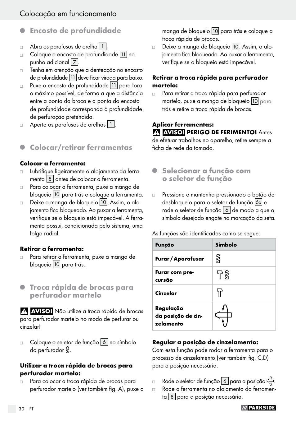 Encosto de profundidade, Colocar/retirar ferramentas, Troca rápida de brocas para perfurador martelo | Selecionar a função com o seletor de função | Parkside PBH 1050 A1 User Manual | Page 30 / 50