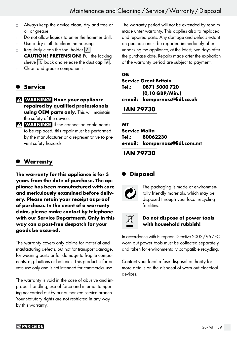 Service, Warranty, Disposal | Parkside PBH 1050 A1 User Manual | Page 39 / 50