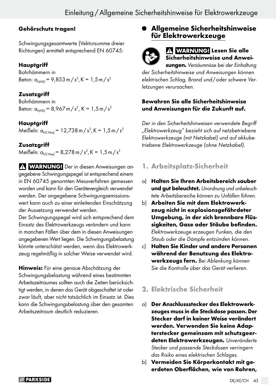 Arbeitsplatz-sicherheit, Elektrische sicherheit | Parkside PBH 1050 A1 User Manual | Page 43 / 50