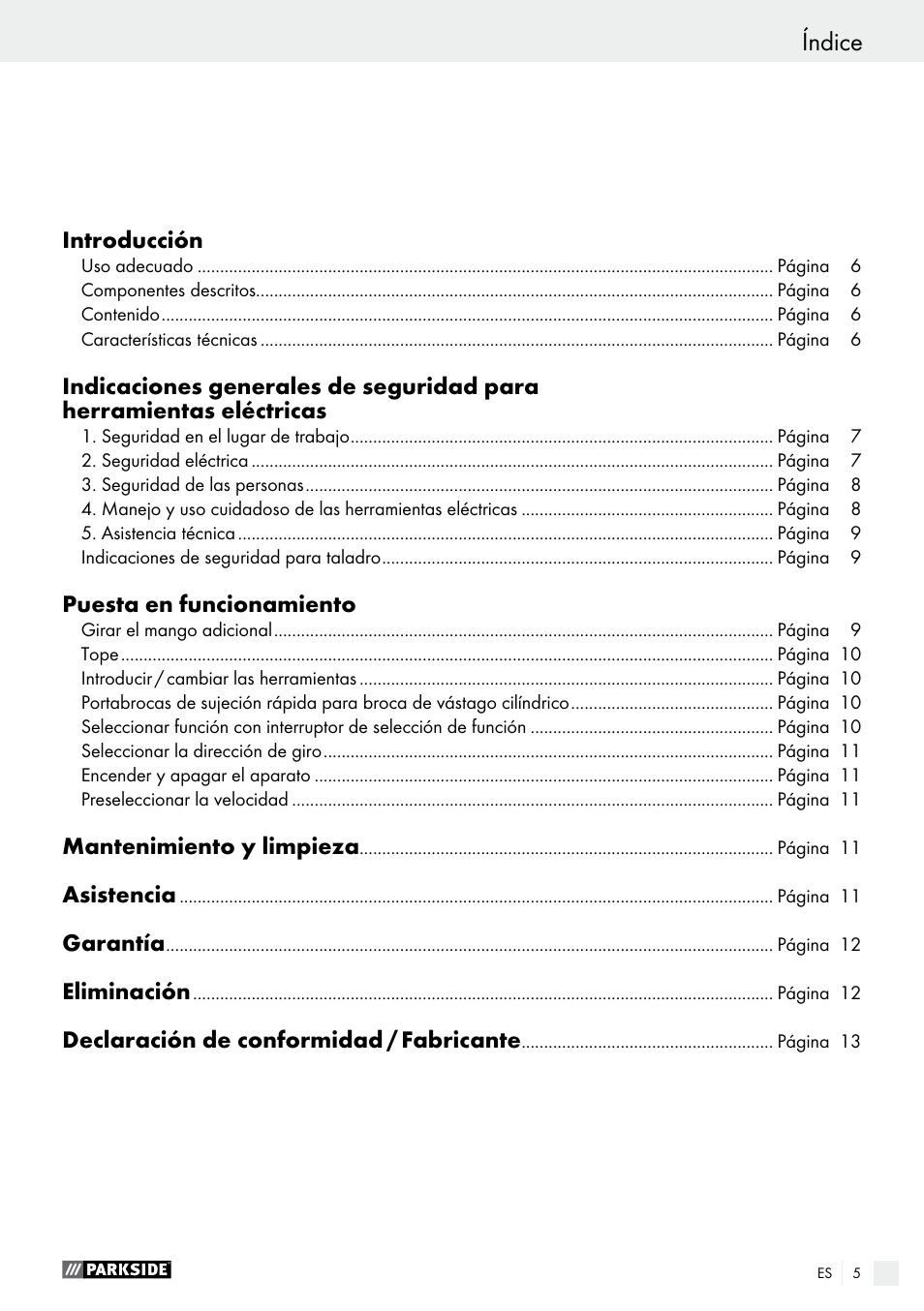 Índice | Parkside PBH 1050 A1 User Manual | Page 5 / 50