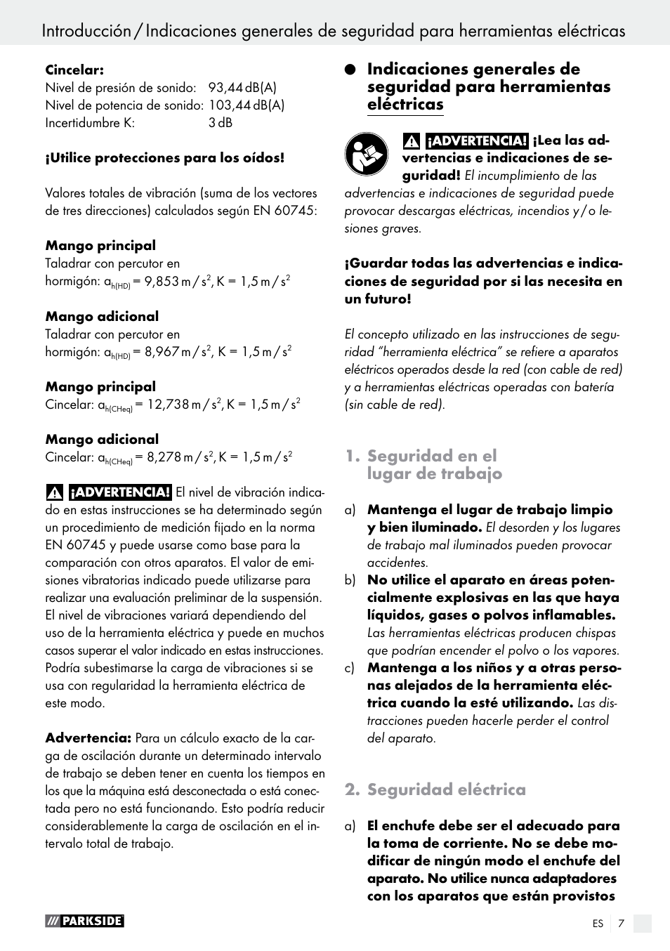 Seguridad en el lugar de trabajo, Seguridad eléctrica | Parkside PBH 1050 A1 User Manual | Page 7 / 50