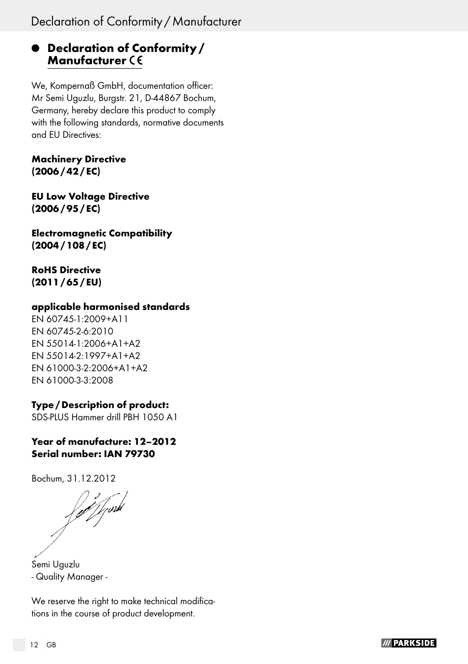 Declaration of conformity / manufacturer, Spis zawartości | Parkside PBH 1050 A1 User Manual | Page 12 / 58