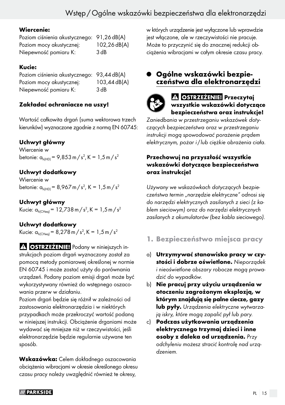 Bezpieczeństwo miejsca pracy | Parkside PBH 1050 A1 User Manual | Page 15 / 58