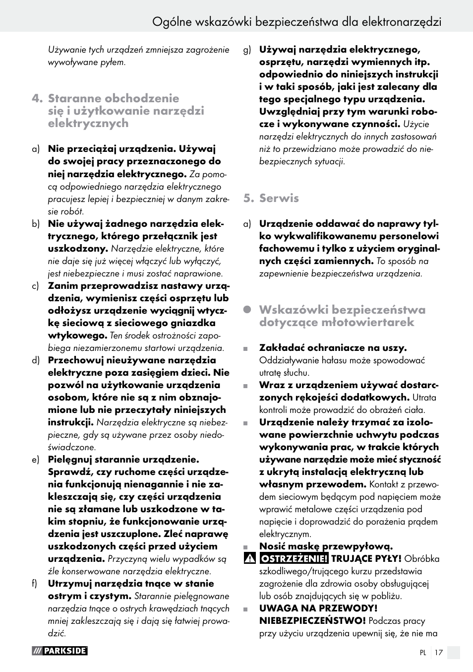 Serwis, Wskazówki bezpieczeństwa dotyczące młotowiertarek | Parkside PBH 1050 A1 User Manual | Page 17 / 58