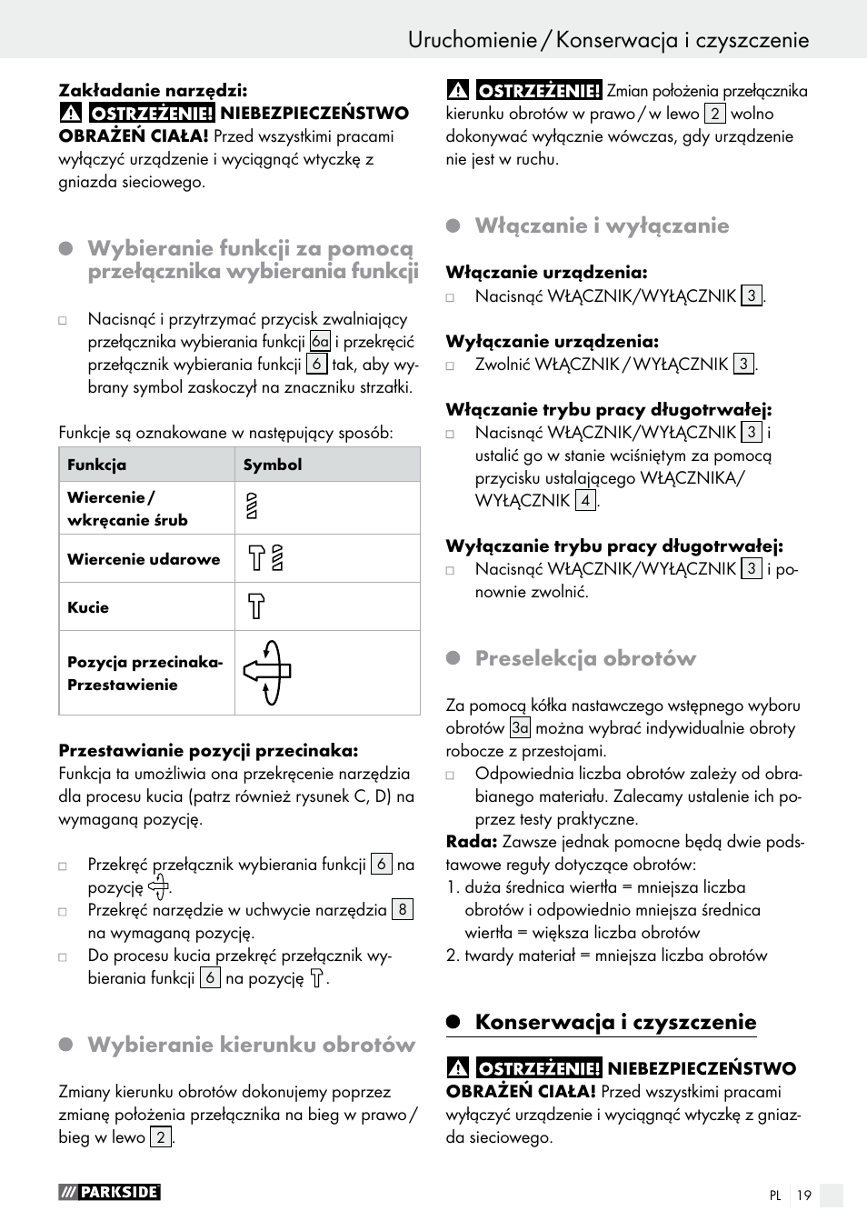 Wybieranie kierunku obrotów, Włączanie i wyłączanie, Preselekcja obrotów | Konserwacja i czyszczenie | Parkside PBH 1050 A1 User Manual | Page 19 / 58