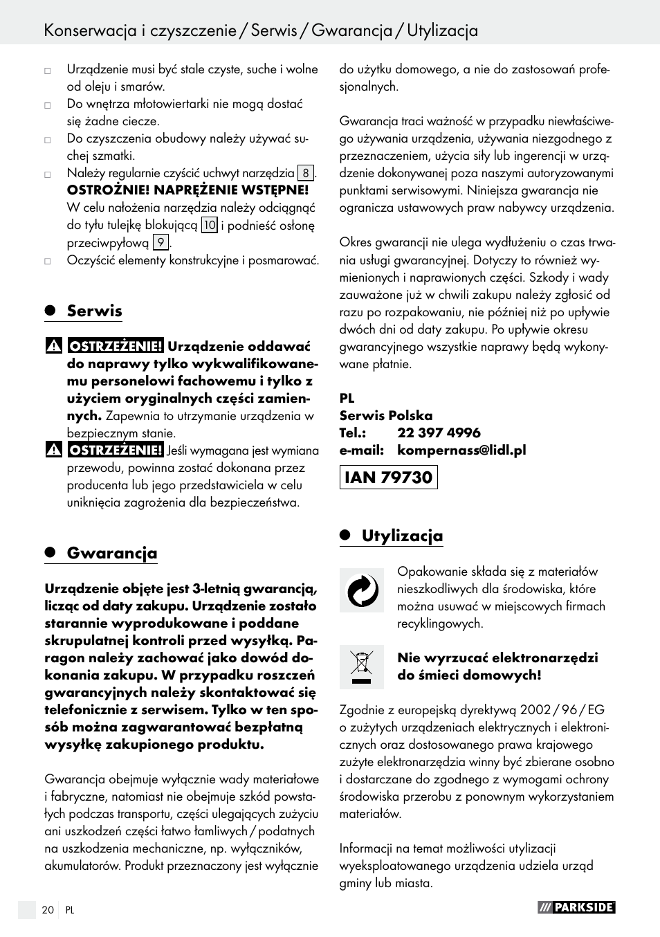 Deklaracja zgodności / producent, Serwis, Gwarancja | Utylizacja | Parkside PBH 1050 A1 User Manual | Page 20 / 58