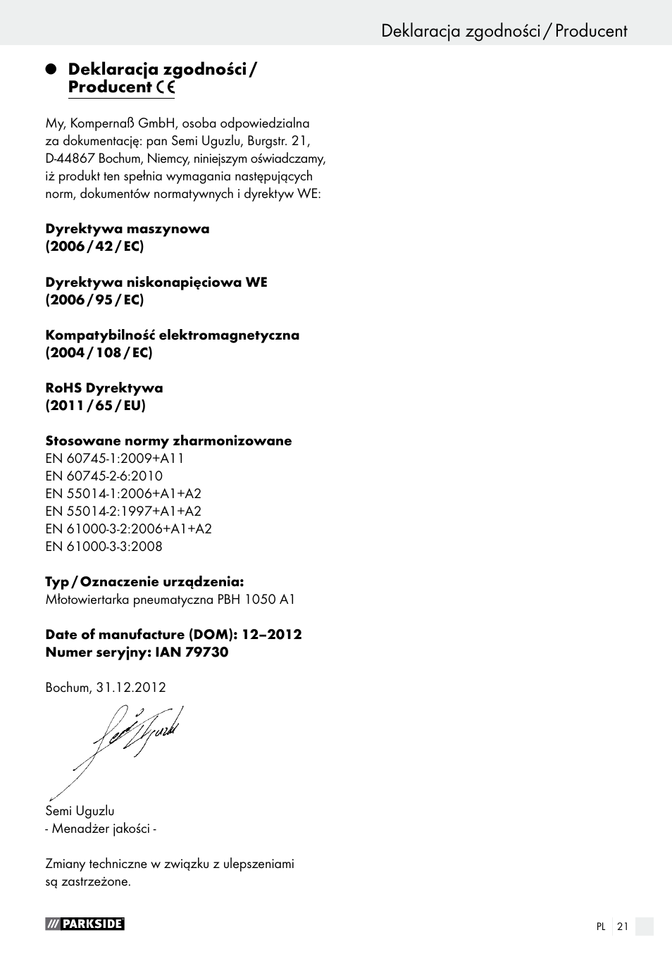 Deklaracja zgodności / producent | Parkside PBH 1050 A1 User Manual | Page 21 / 58