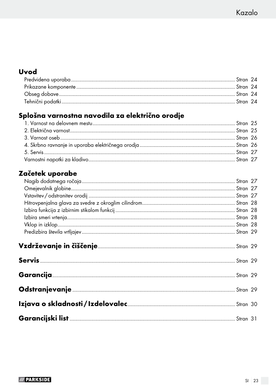 Kazalo | Parkside PBH 1050 A1 User Manual | Page 23 / 58