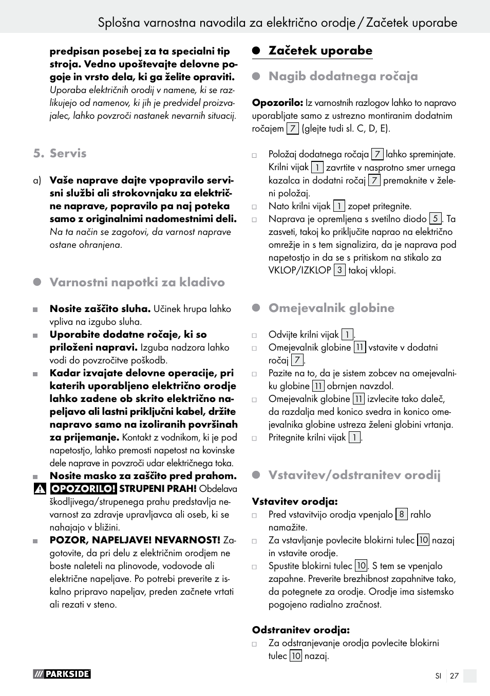 Servis, Varnostni napotki za kladivo, Začetek uporabe | Nagib dodatnega ročaja, Omejevalnik globine, Vstavitev/odstranitev orodij | Parkside PBH 1050 A1 User Manual | Page 27 / 58