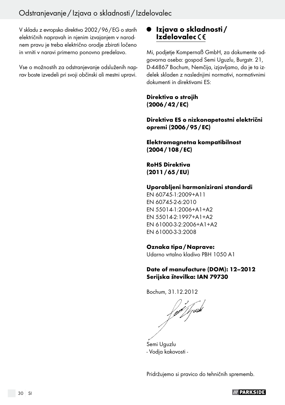 Izjava o skladnosti / izdelovalec | Parkside PBH 1050 A1 User Manual | Page 30 / 58