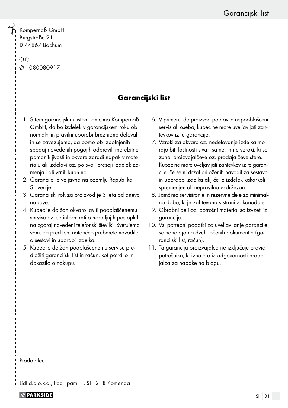 Garancijski list | Parkside PBH 1050 A1 User Manual | Page 31 / 58