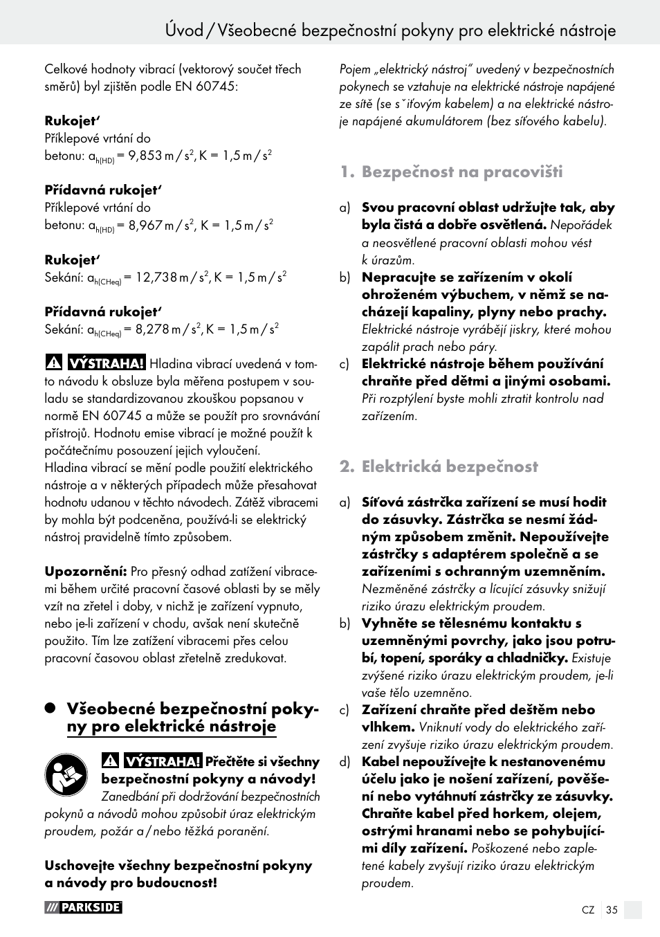 Úvod, Bezpečnost na pracovišti, Elektrická bezpečnost | Parkside PBH 1050 A1 User Manual | Page 35 / 58