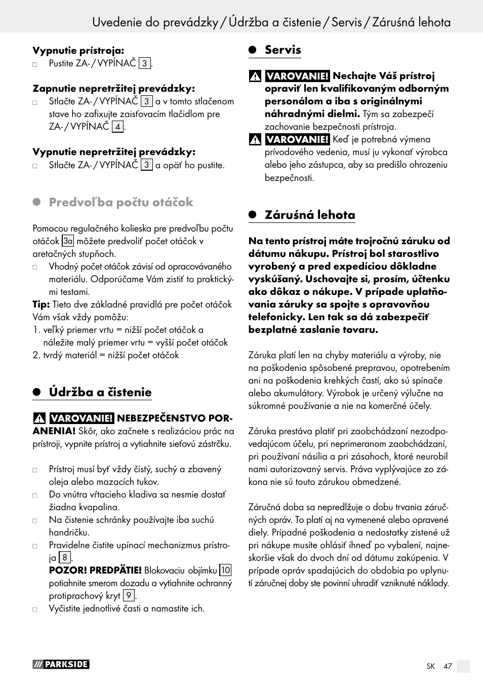 Uvedenie do prevádzky, Predvoľba počtu otáčok, Údržba a čistenie | Servis, Záruśná lehota | Parkside PBH 1050 A1 User Manual | Page 47 / 58